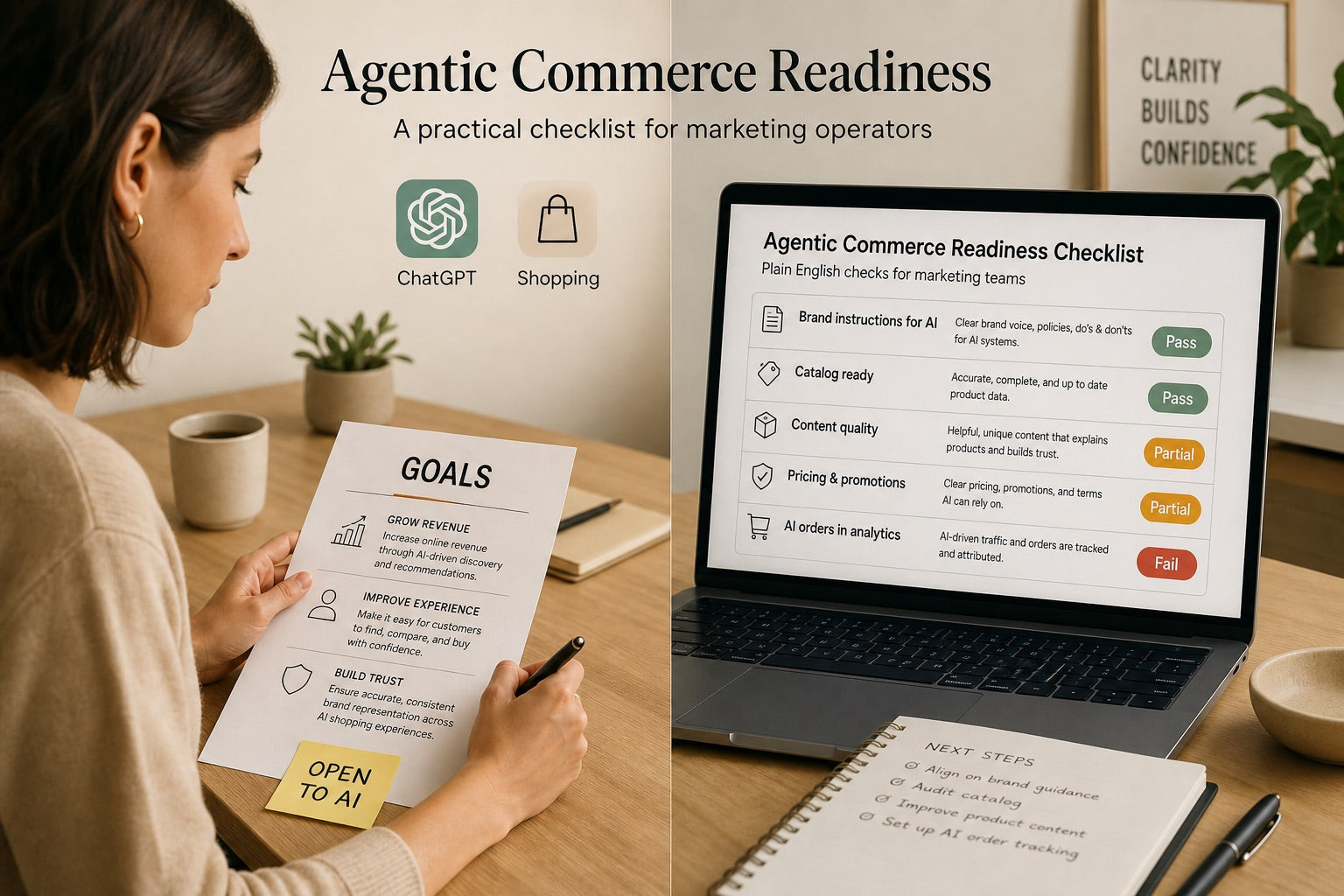 Marketing operator desk with an Open to AI goals plan beside a laptop showing plain-English Pass Partial Fail readiness checks