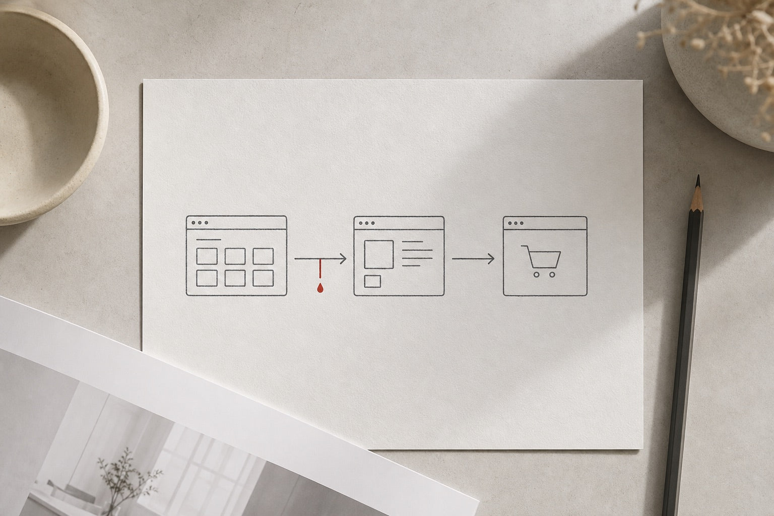 Paper funnel sketch of a shopper path with one leak mark before the cart