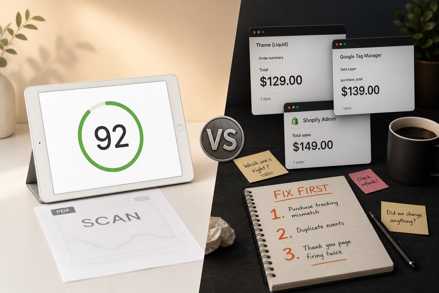 Clean automated scan score of 92 on a tablet beside an operator desk with conflicting purchase totals and a handwritten fix-first list