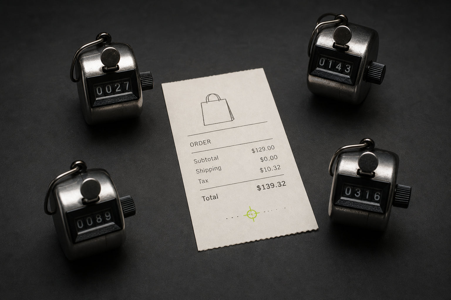 Four mechanical tally counters showing different totals around one ecommerce order receipt