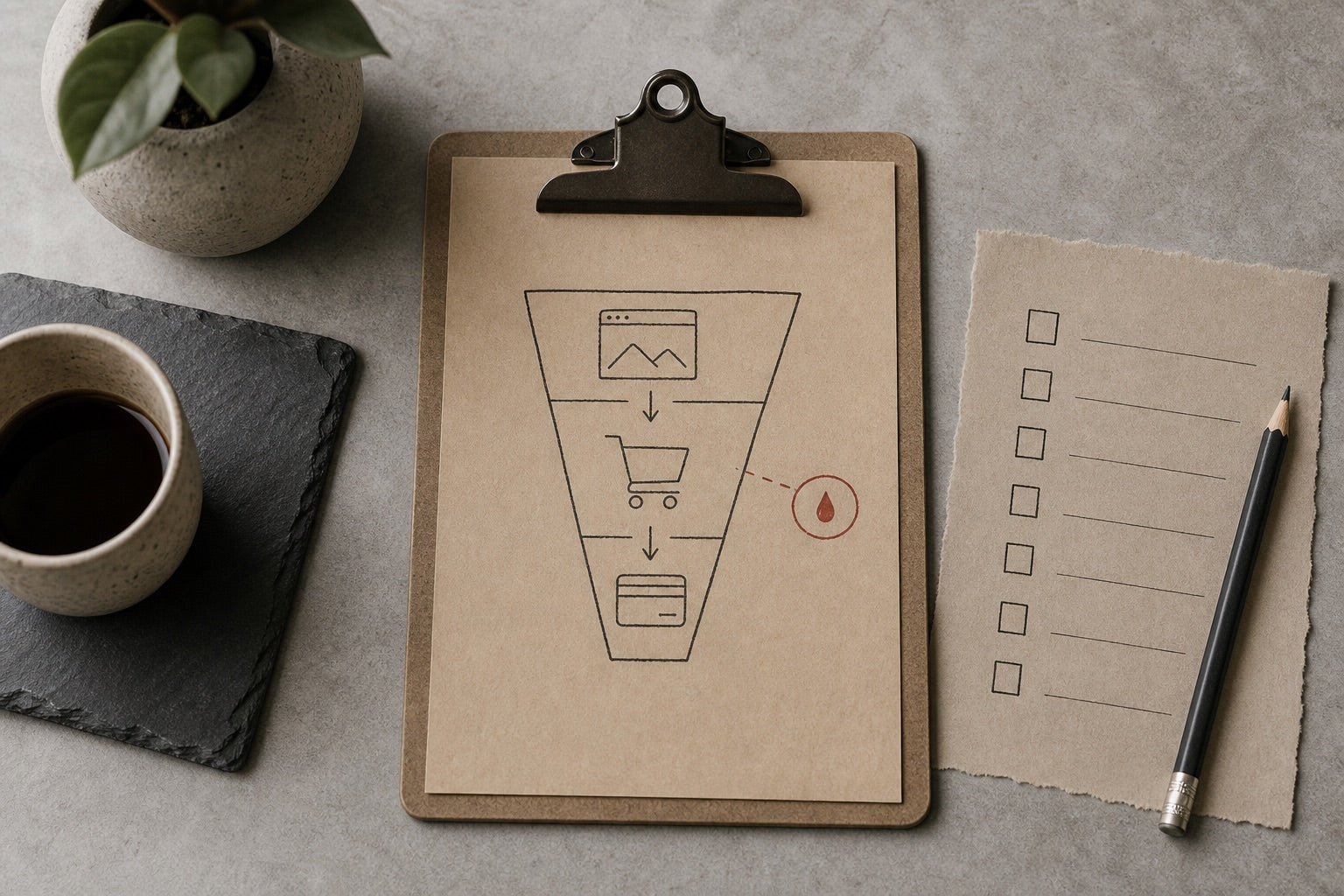 Clipboard and funnel worksheet on kraft paper with one leak mark on the shopper path
