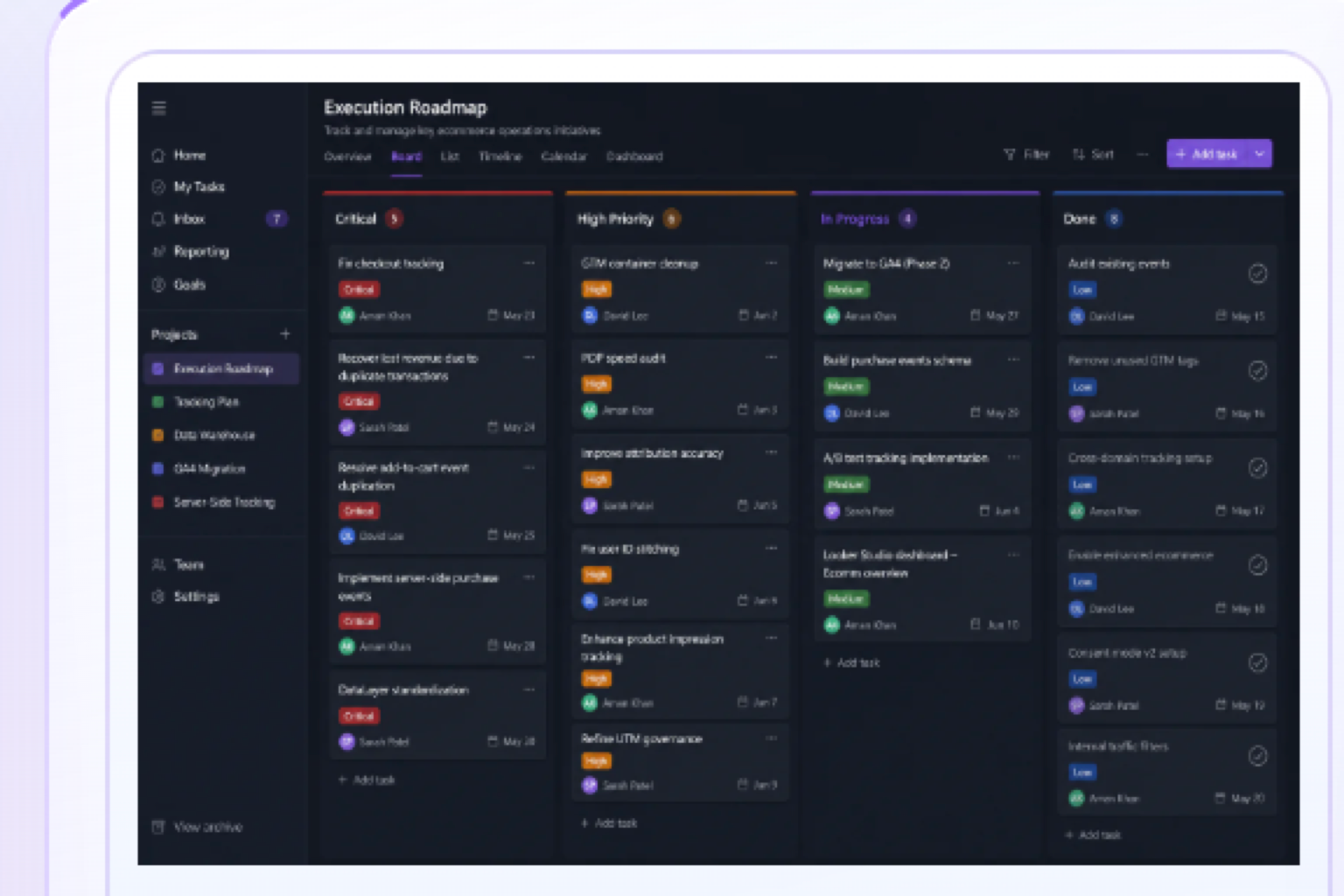 Execution roadmap with prioritized tasks, owners, and due dates